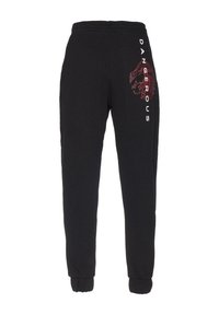 Schwarze Sweatpants aus Baumwolle mit einem elastischen Bund, angepassten Bündchen und einem roten Grafikdesign mit dem Schriftzug "DANGEROUS" an der Seite.