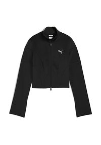 Crna skraćena jakna na zip s dugim rukavima i visokim ovratnikom, koja ima mali bijeli Puma logo na lijevoj strani grudi.
