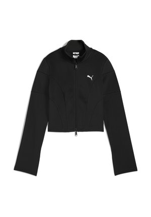 Black cropped zip-up jacket with long sleeves and a high collar, featuring a small white Puma logo on the left chest area.