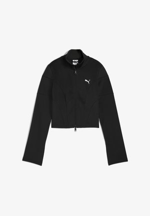 Veste courte noire à fermeture éclair avec des manches longues et un col haut, arborant un petit logo Puma blanc sur la partie gauche de la poitrine.