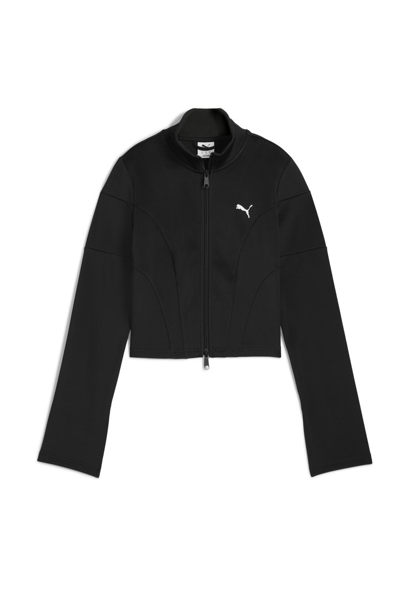 Crna skraćena jakna na zip s dugim rukavima i visokim ovratnikom, koja ima mali bijeli Puma logo na lijevoj strani grudi.