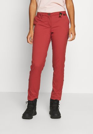 Osoba nosząca wąskie czerwone spodnie i czarne buty trekkingowe, stojąca na jednolitym jasnym tle.