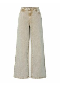 Jeans a gamba larga in denim beige chiaro con una finitura testurizzata, caratterizzati da un'alta vita, passanti per cintura e cuciture a contrasto sulle cuciture.