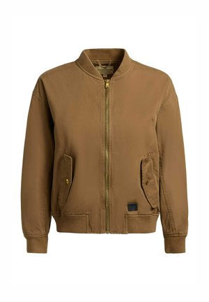 Brun bomberjakke med lynlås foran, ribbet krave, manchetter, kant samt to lommer med klap og trykknap.