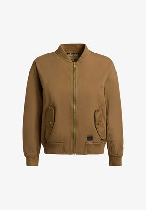 Brun bomberjakke med lynlås foran, ribbet krave, manchetter, kant samt to lommer med klap og trykknap.