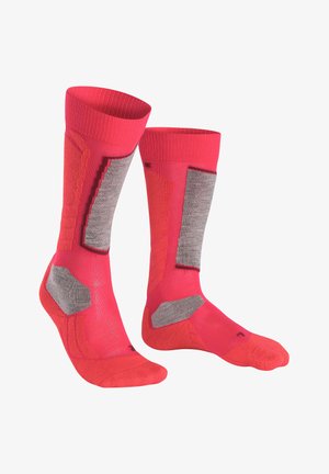 Heldere roze sokken met grijze accenten, voorzien van textuurpanelen voor grip en flexibiliteit. Geribbelde boord voor een goede pasvorm, mid-calf lengte.