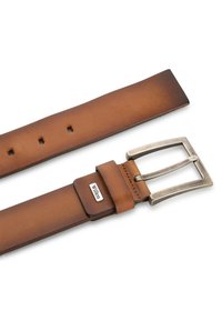 Brown leather belt with a silver rectangular buckle, featuring a smooth texture and five adjustment holes, marked with a small label.