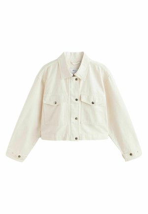 Cropped white denim jacket featuring a pointed collar, two chest pockets, and button closures with metallic accents.