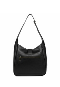 Borsa a spalla in pelle nera con una finitura morbida e testurizzata, una tasca frontale con zip e una sola tracolla regolabile.