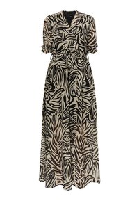 Maxikleid aus leichtem Stoff mit einem abstrakten Blattmuster in Schwarz und Beige, V-Ausschnitt, kurzen gerafften Ärmeln und einem Taillengürtel.