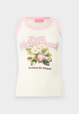 Kremfarget singlet med rosa kant, med en illustrasjon av jordbær og blomst, samt teksten "Full Flavoured" og "Fraises de Nîmes France 1980".