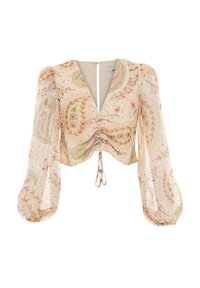 Bluse mit floralem Muster, kurz geschnitten, mit Puffärmeln, V-Ausschnitt, tailliert und mit Kordelzugdetail. Aus leichtem Stoff gefertigt.
