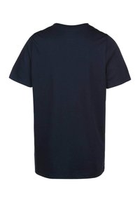 Marineblaues T-Shirt, kurzärmlig, schlichtes Design mit Rundhalsausschnitt. Hergestellt aus weichem Baumwollstoff, mit geradem Saum.