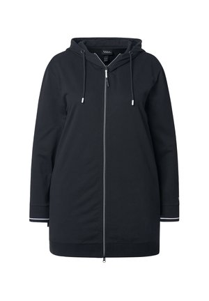 Zwarte lange zip-up hoodie met aantrekkers, ribgebreide manchetten met witte strepen en een capuchon.