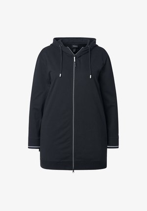 Black long zip-up hoodie with drawstrings, ribbed cuffs with white stripes, and a hood.