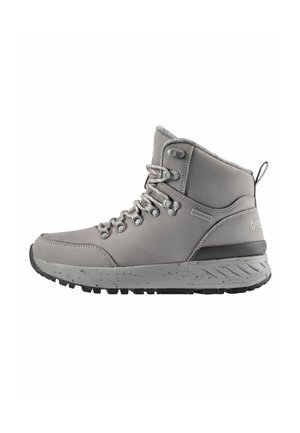 Gray waterproof hiking boot with a high ankle, textured upper, metal eyelets, and a rugged rubber sole for traction.