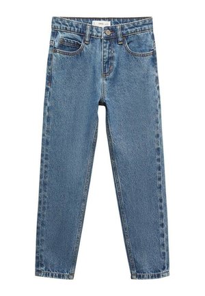 Blaue High-Waist-Jeans mit geradem Bein, mit Knopf vorne, Reißverschluss, Gürtelschlaufen und fünf Taschen, flach auf weißem Hintergrund gelegt.