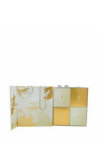 Coffret cadeau présentant un design vert pastel et or, avec quatre compartiments étiquetés de 1 à 4, et une poignée en chaîne argentée.
