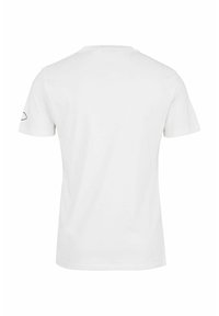 Camiseta blanca de algodón con escote redondeado, mangas cortas y una textura suave. Presenta un detallado minimalista en el hombro.