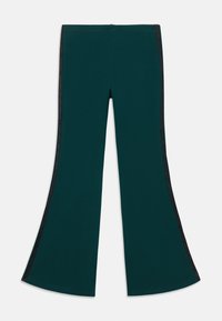 U-båda leggings i mörk teal-tyg med svarta sidostråk. Slät textur och elastisk design för komfort. Platt midjeband upptill.