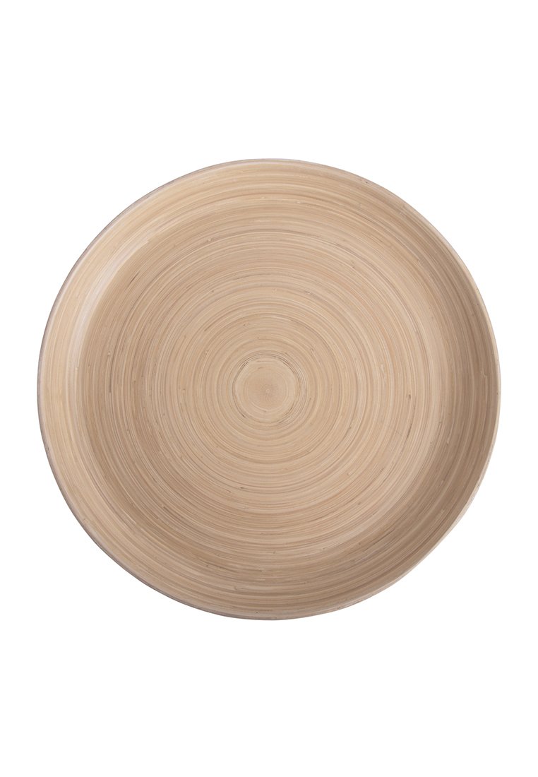 Runde, hellfarbene Holzplatte mit konzentrischen kreisförmigen Rillen, glatter Oberfläche und natürlichem Finish, geeignet zum Servieren oder Dekorieren.