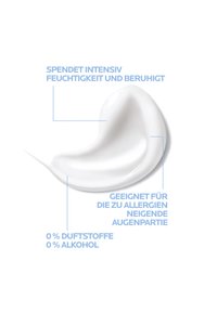 White cream smear with German text highlighting intense moisture, soothing effect, suitability for allergy-prone eye area, and no fragrances or alcohol.