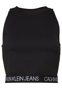 Svart cropped ärmlös topp med hög hals och elastisk midja som har vit text "Calvin Klein Jeans".