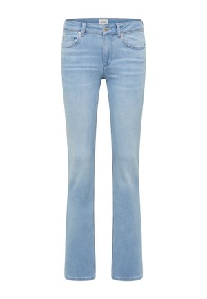 Light blue denim jeans with slight fading, five-pocket style, button and zipper closure, and belt loops.
