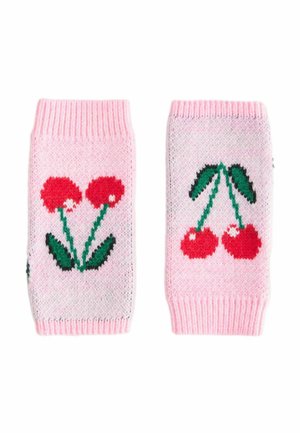 Pink knit wrist warmers with red cherry and green leaf patterns, ribbed cuffs.