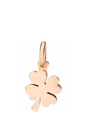 Rosegold Anhänger in Form eines vierblättrigen Kleeblatts mit glatter, polierter Oberfläche, aufgehängt an einer kleinen, abgerundeten Schlaufe.