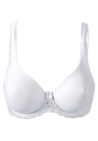 Scollo bianco con coppe imbottite, bordino in pizzo lungo il margine inferiore e un piccolo fiocco decorativo al centro tra le coppe. Spalline regolabili.