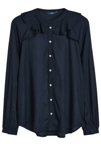 Camicia blu navy con tessuto testurizzato, caratterizzata da un colletto a volant, maniche lunghe con polsini elastici e bottoni bianchi sul davanti.