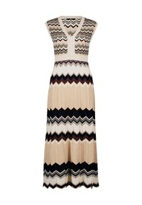 Knit maxi dress with a V-neck and sleeveless design. Features a zigzag pattern in beige, brown, and black, with textured detailing.