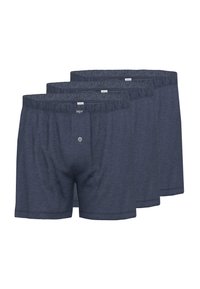 Drie paar heren boxers in een donker marineblauwe kleur, gemaakt van een zachte, gestructureerde stof, met een elastische tailleband en knoopsluiting.