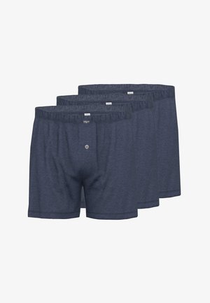 Trzy pary męskich bokserów w ciemnym granatowym kolorze, wykonanych z miękkiego, teksturowanego materiału, z elastycznym paskiem w talii i zapięciem na guzik.