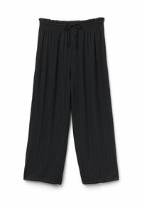 Pantalones de pierna ancha negros con un patrón texturizado, con una cinturilla elástica y cordón para ajuste. Tejido suave, diseño de longitud hasta el tobillo.