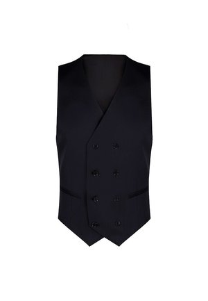 Czarna, dwurzędowa, męska kamizelka wizytowa z sześcioma guzikami i dwoma bocznymi kieszeniami, przedstawiona na płasko na białym tle.