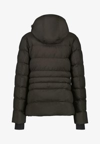 Donkergroene pufferjack met gestikte delen, een capuchon en ribgebreide manchetten. Glad materiaal en duurzame stof ontworpen voor warmte.