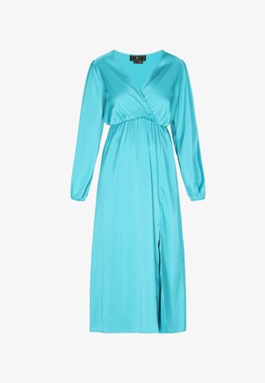 Türkiz szatén ruha hosszú ujjakkal, V-nyakkivágással, húzott derékkal és oldalsó sliccel. Sima textúra; térd alatti hosszúság.