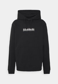 Sudadera con capucha negra hecha de tela suave, que cuenta con un bolsillo tipo canguro en la parte frontal, puños y dobladillo de canalé, y un estampado de logo blanco en el pecho.