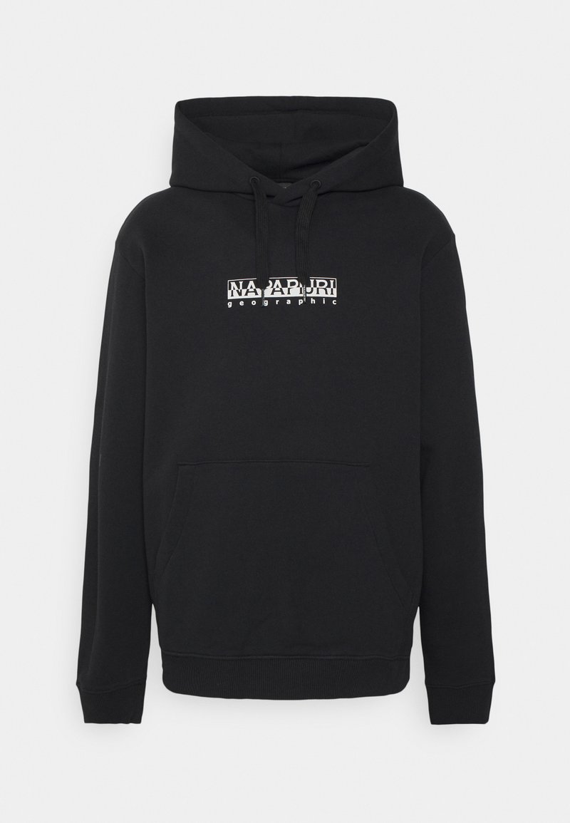 Sudadera con capucha negra hecha de tela suave, que cuenta con un bolsillo tipo canguro en la parte frontal, puños y dobladillo de canalé, y un estampado de logo blanco en el pecho.