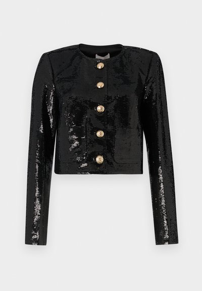 Black cropped jacket made of sequin fabric, featuring long sleeves, a round neckline, and five gold buttons along the front.