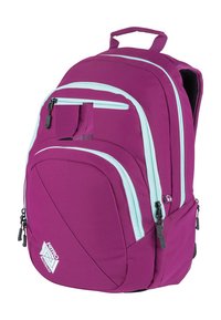 Lila Rucksack mit hellblauen Reißverschlüssen, mehreren Fächern, gepolsterten Schultergurten und einem Tragegriff oben. Verstellbare Seitentaschen aus Netz.