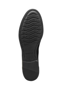 Suela de zapato de goma negra con patrón de olas texturizado, agujeros de drenaje y logo "GEOX" en relieve. Bordes suaves y talón reforzado.