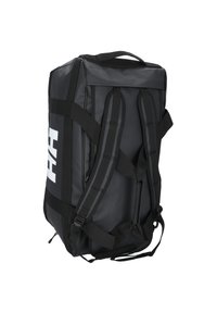 Czarna prostokątna torba sportowa wykonana z trwałego materiału, z regulowanymi paskami, wytłoczonym logo i zamknięciem na zamek.