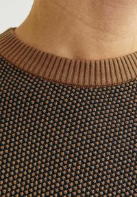 Pulover tricotat cu un model texturat, având o culoare de bază închisă și accente de culoare maro deschis la gulerul elastic.