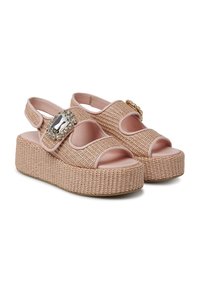 Woven pink platform sandals with open toes, adjustable heel straps, and a decorative jewel accent on the side. Textured finish.
