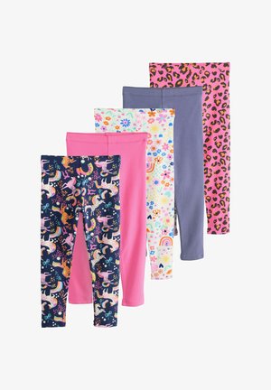 Penki poros tamprių kelnių įvairių spalvų ir raštų: tamsiai mėlynos su vienaragių piešiniais, vienspalvės rožinės, gėlių rašto, pilkos ir rožinės leopardų rašto.