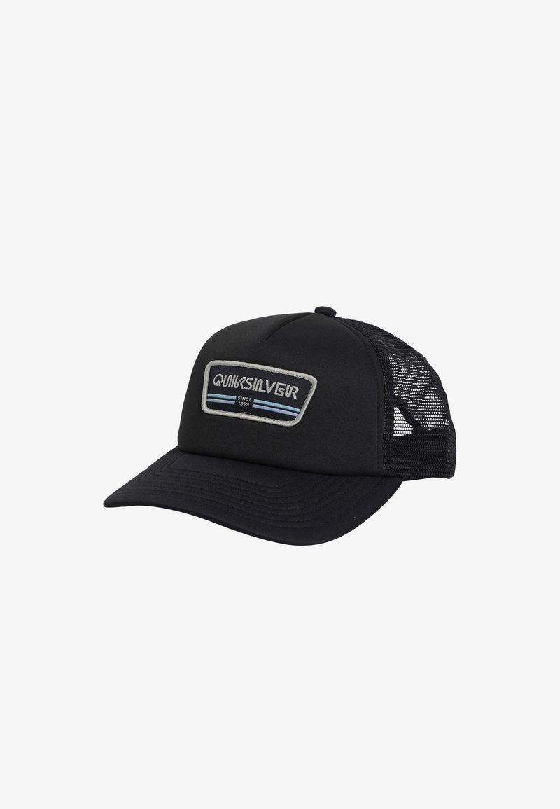 Schwarze Kappe mit gebogenem Schirm, Stoff vorne und Netz hinten. Mit einem Quiksilver-Logo-Patch in Grau und Hellblau.