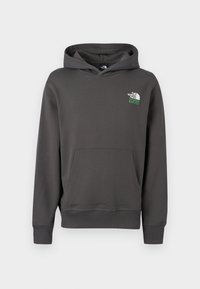 Anglies pilkos spalvos gobtuvuotas džemperis su priekinė kišene ir „The North Face 1966“ logotipu viršutiniame kairiajame krūtinės kampe.